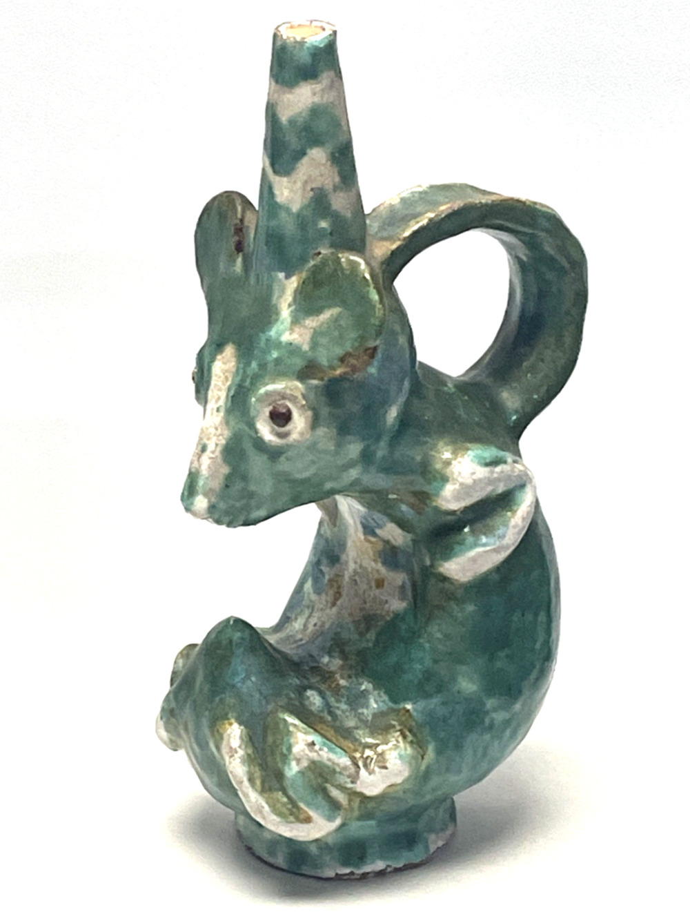 Vintage Glazed Ceramic Mouse Figurine, Teal Green Decorative Statue, 10.5"